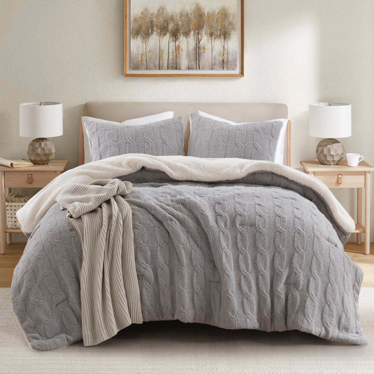 3 Pieces Full/Queen Cable Knit Chenille Comforter Set Gray
