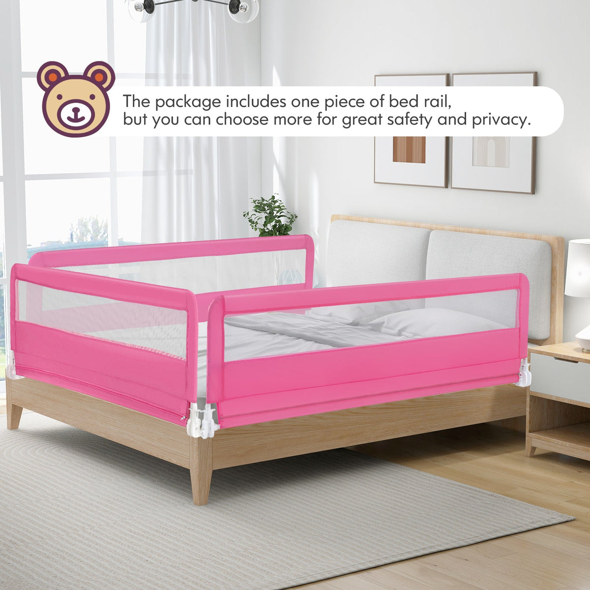 71 Inch Extra Long Swing Down Bed Guardrail with Safety Straps-Pink