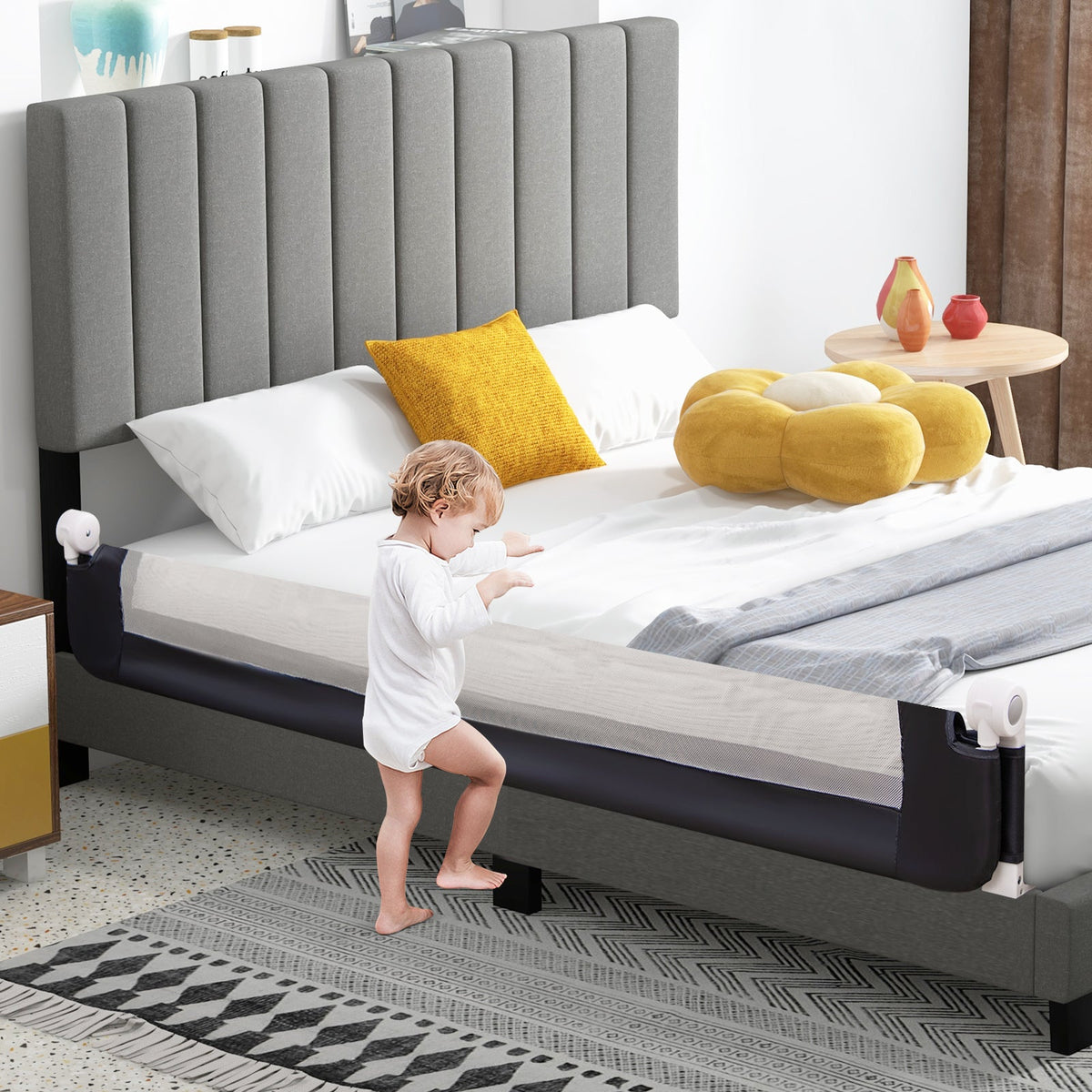 71-Inch Foldable Bed Rail Swing Down Baby Bed Guard Rail with Adjustable Safety Strap-Blue