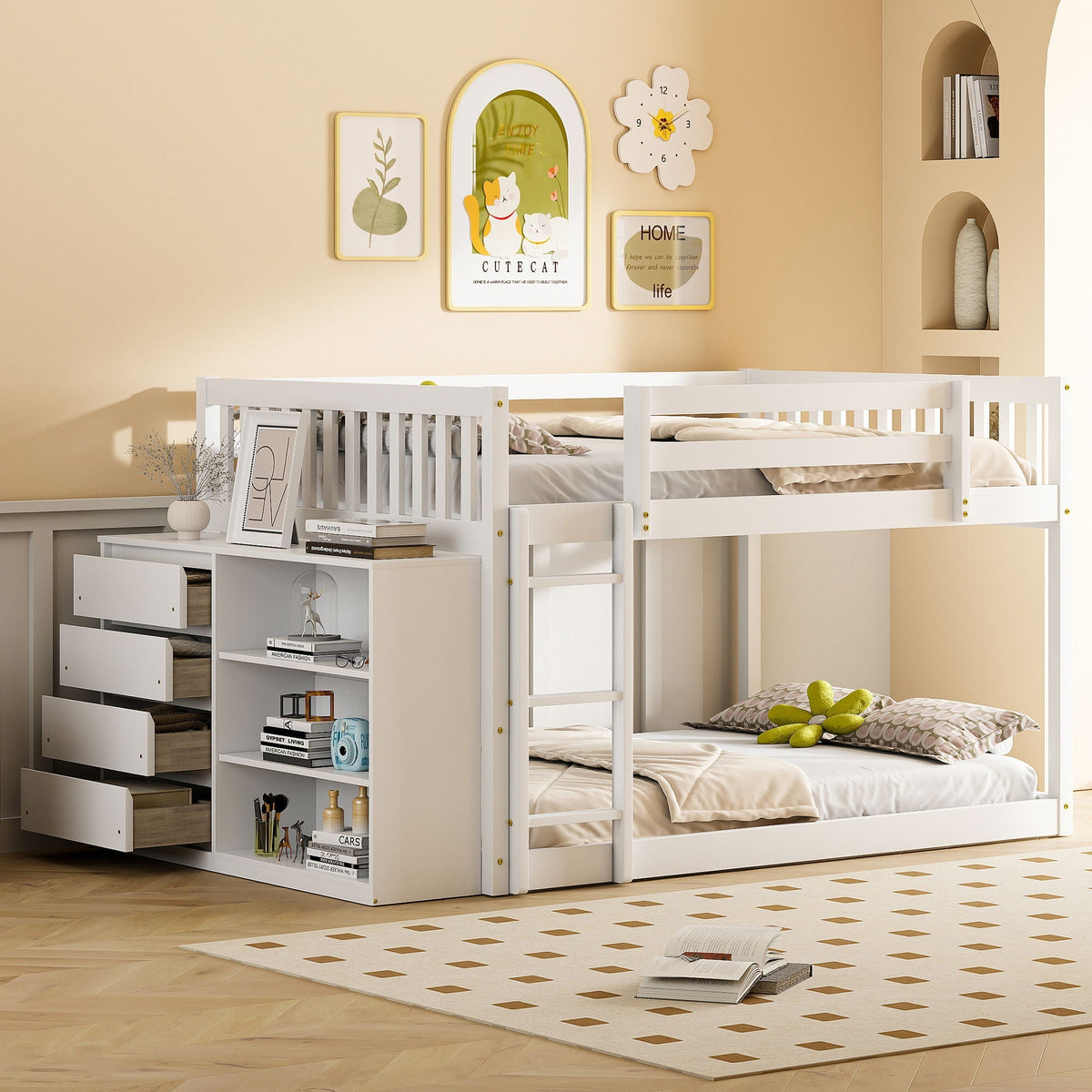Bunk Bed With 4 Drawers and 3 Shelves - Solid Pine Wood