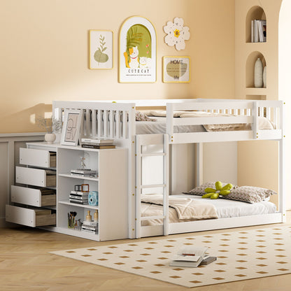 Bunk Bed With 4 Drawers and 3 Shelves - Solid Pine Wood