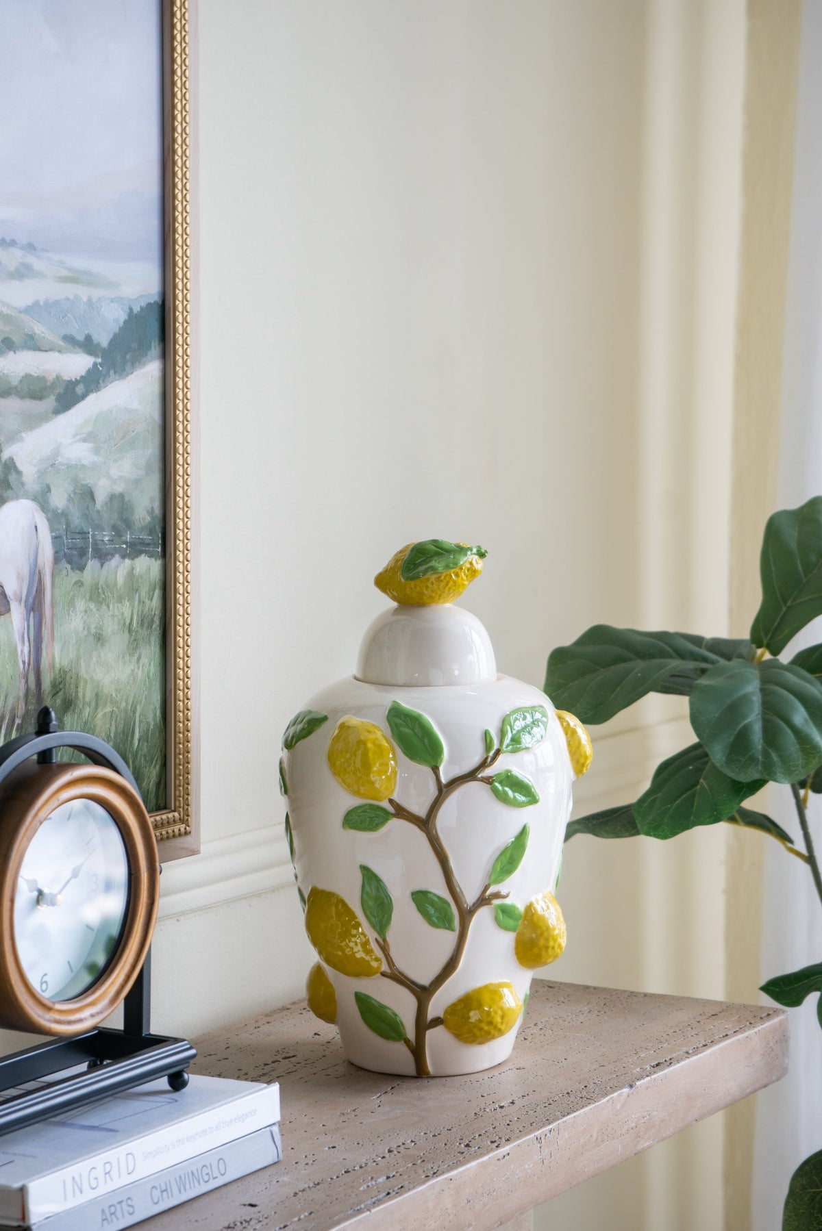 White Ceramic Lidded Jar with Playful Lemon Design - 15" Tall