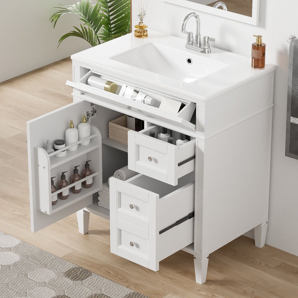 Bathroom Vanity with Ceramic Top Sink and Storage Drawers - Multiple Colors