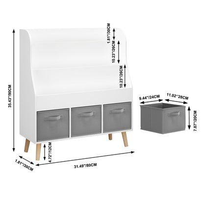 White Bookshelf with 3 Storage Bins - Front Facing Book Display Organizer