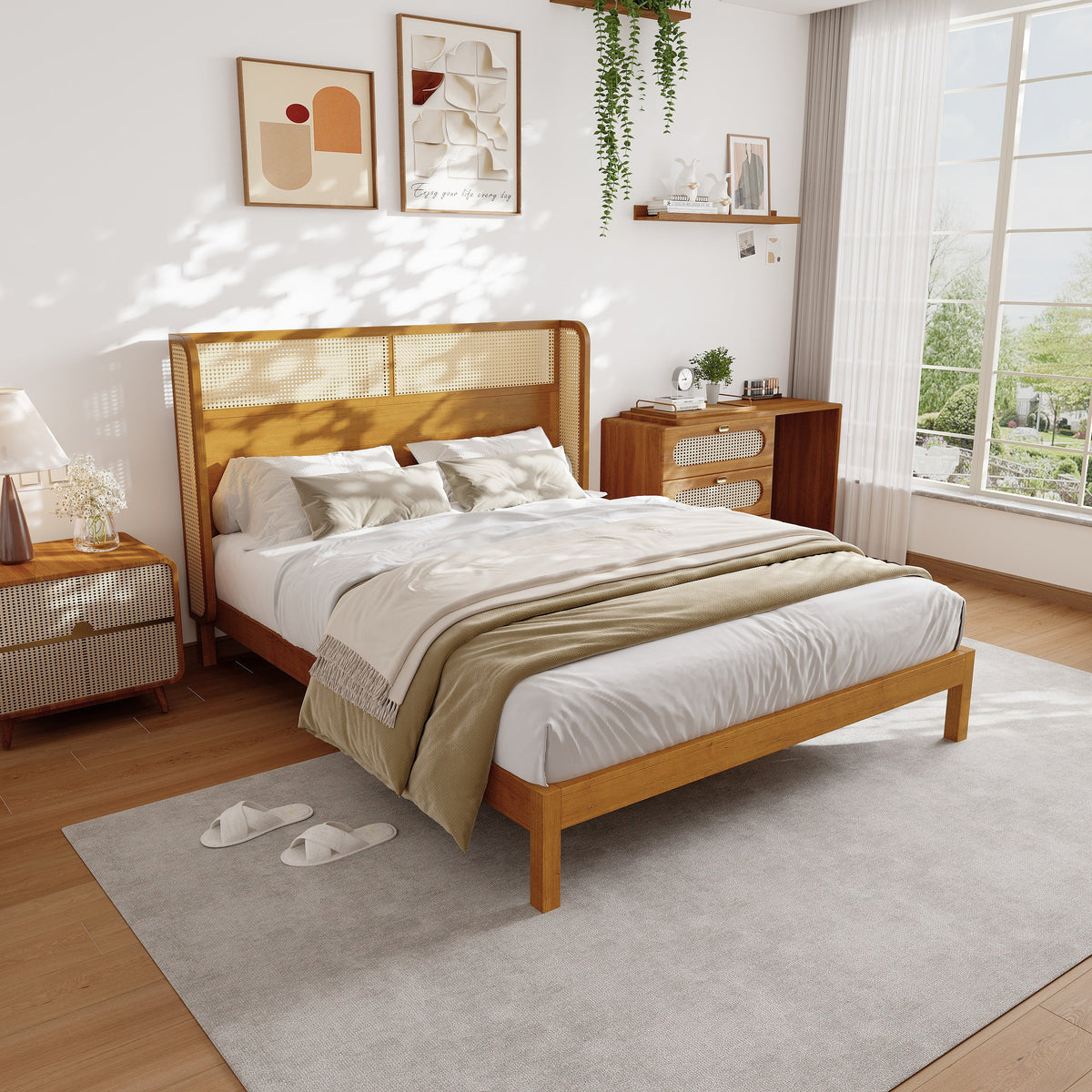 Premium Rubber Wood Platform Queen Bed Frame with Headboard - Natural
