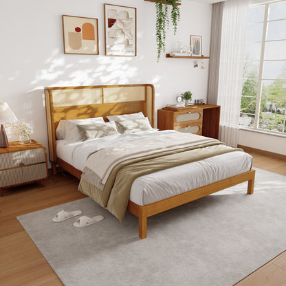 Premium Rubber Wood Platform Queen Bed Frame with Headboard - Natural