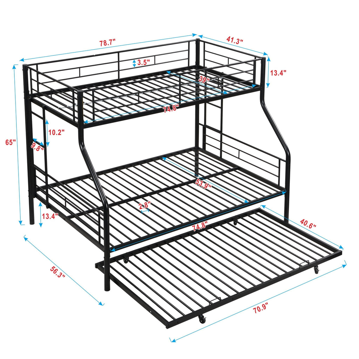 Twin Over Full Modern Metal Bunk Bed with Trundle - Black