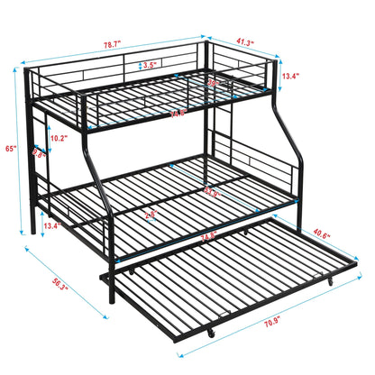 Twin Over Full Modern Metal Bunk Bed with Trundle - Black