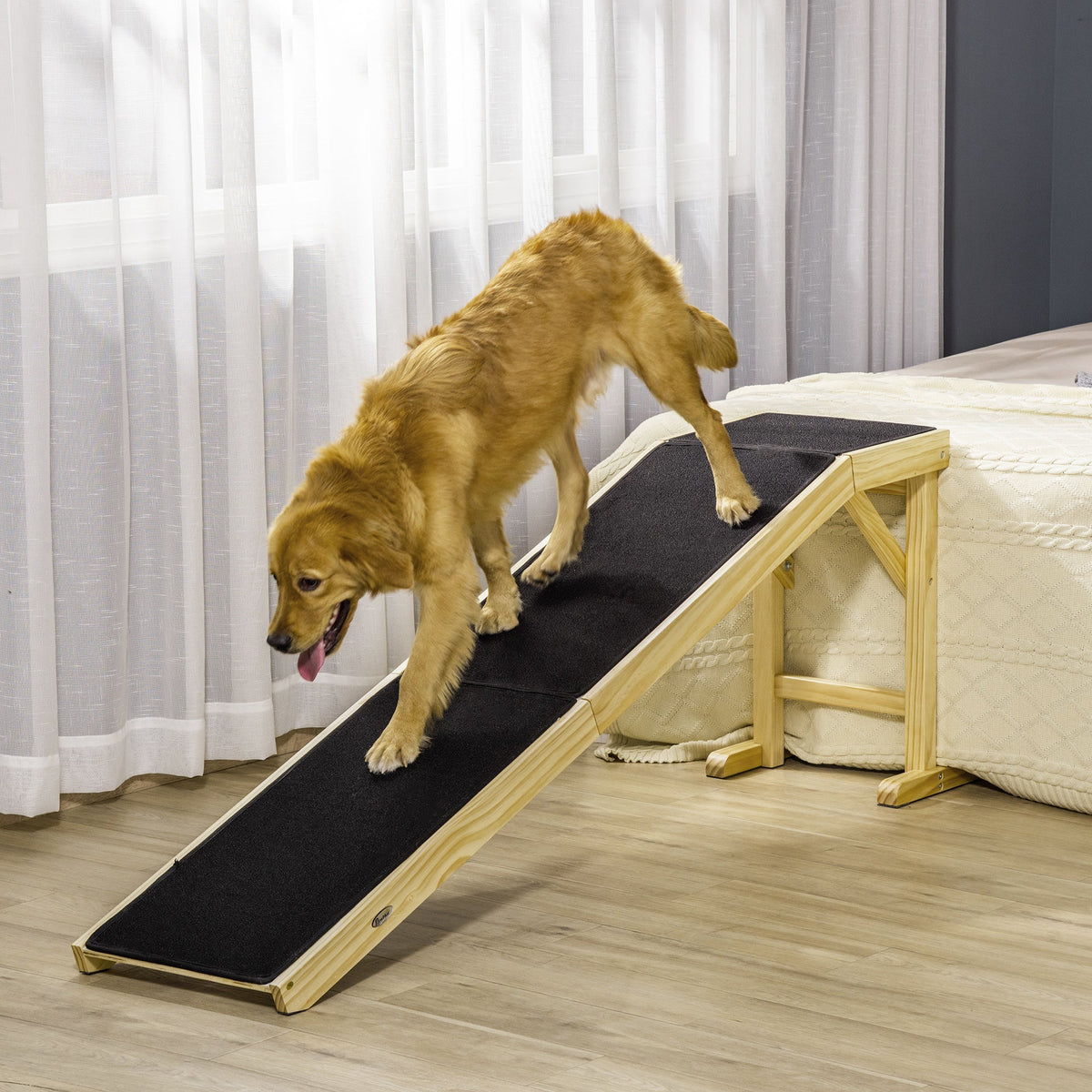 Pine Wood Pet Ramp with Non-Slip Carpet - Dog Ramp for Bed