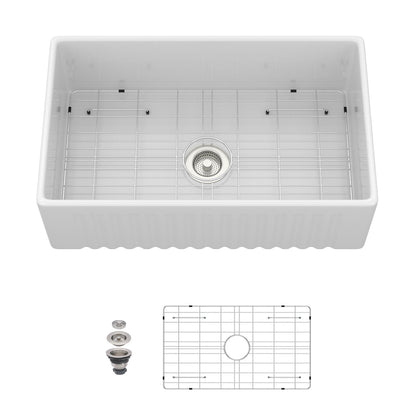 Apron-Front Reversible Single Bowl Kitchen Sink with Accessories - White