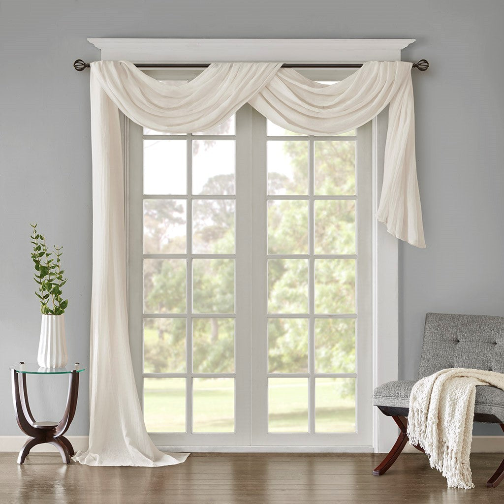 Solid Crushed Sheer Window Scarf with Crushed Detailing - White