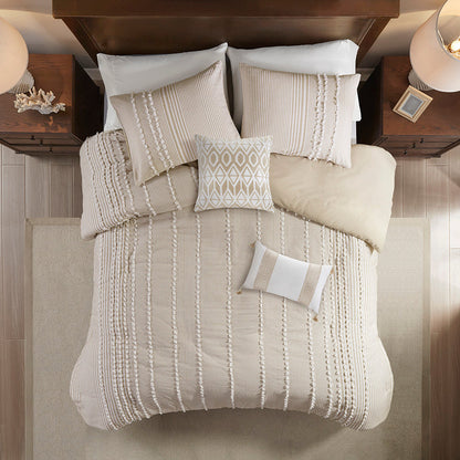 King 3 Piece Cotton Yarn Dyed Duvet Cover Set with Tufted Chenille - Taupe Stripes
