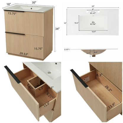 Fluted Bathroom Vanity with Ceramic Sink and Soft-Close Drawers - Light Brown, White, or Dark Green
