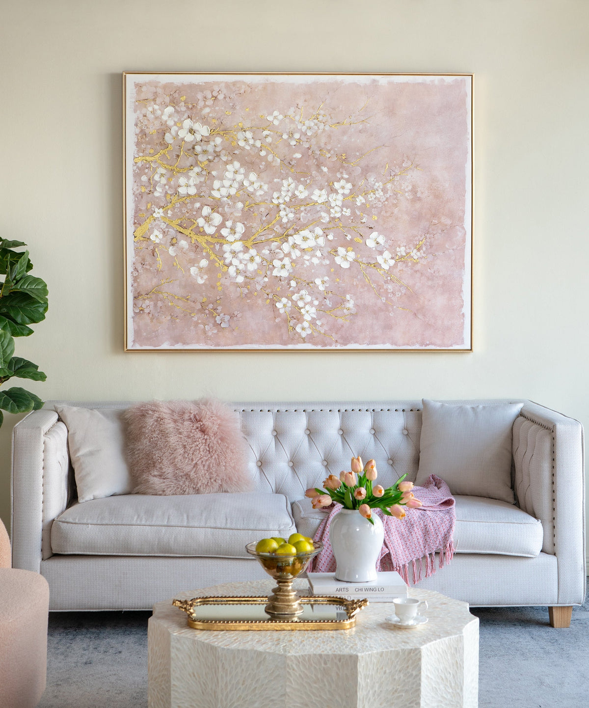 Hand-Painted Cherry Blossom Canvas Wall Art with Subtle Gold Accents - Multicolor