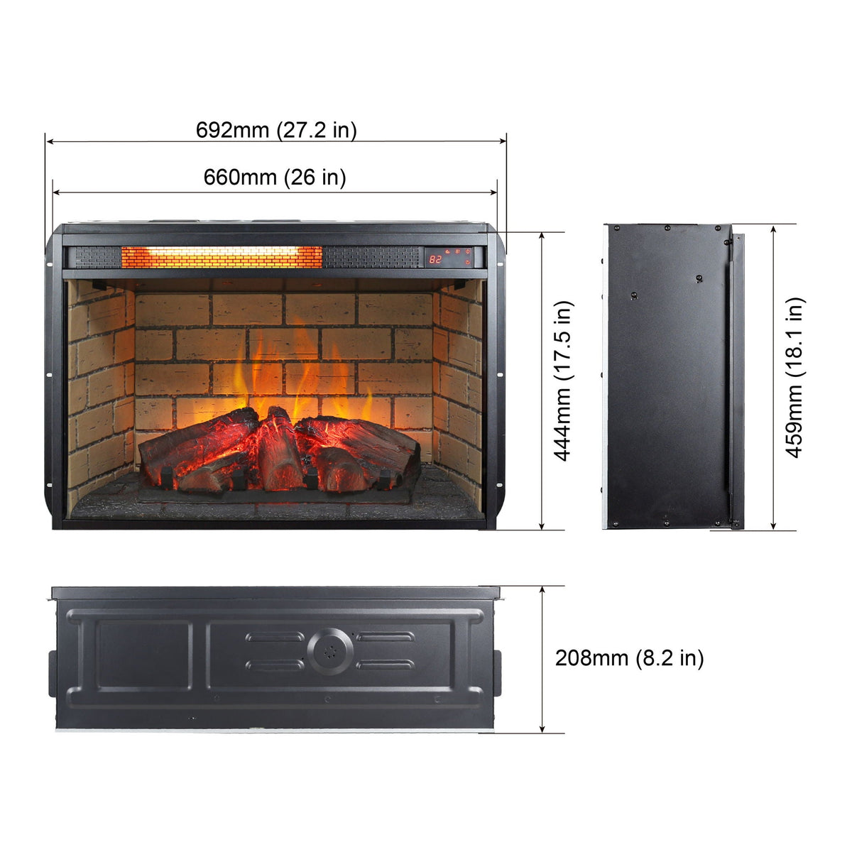 Infrared Quartz Heater Fireplace Insert with Brick - Black