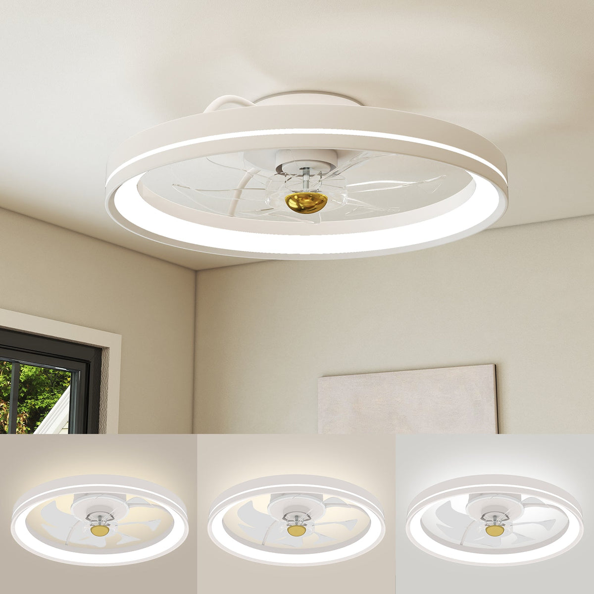 19 Inch Ceiling Fan Low Profile Flush Mount Fan with 3000-6500K Dimmable LED-White