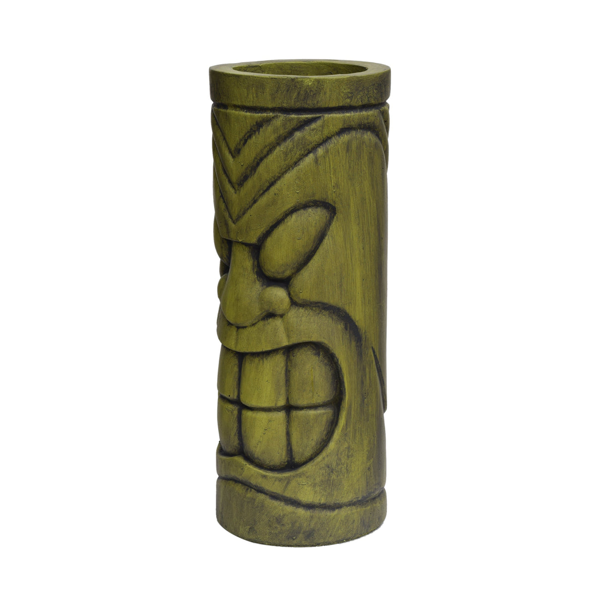 Stone Statue Urn Planter with Tiki Face Design - Antique Green