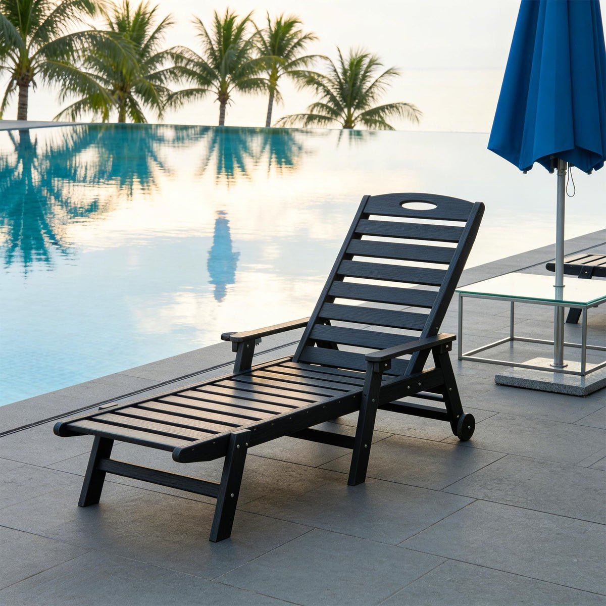 Outdoor Chaise Lounge with Reclining Backrest - Black