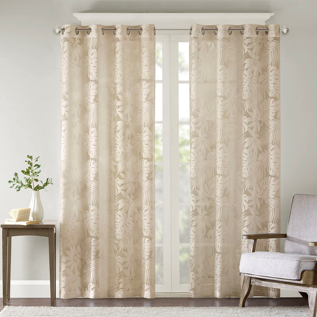 Palm Leaf Burnout Sheer Window Curtain with Palm Leaf Design - Natural