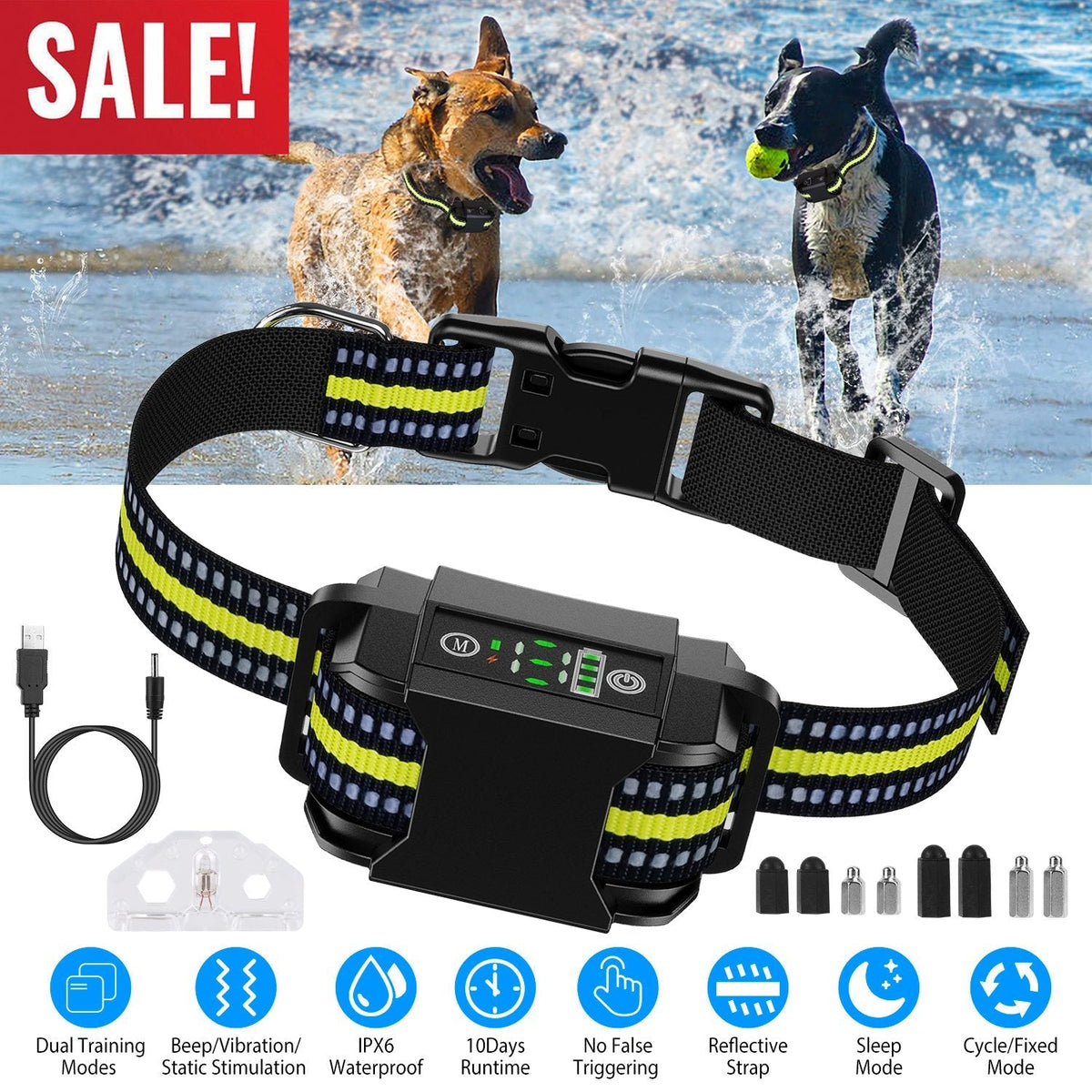 Dog Bark Collar Rechargeable Waterproof Beep Vibration Static Stimulation Bark Stopper Automatic Identification Collar with 6 Intensity Dual Modes