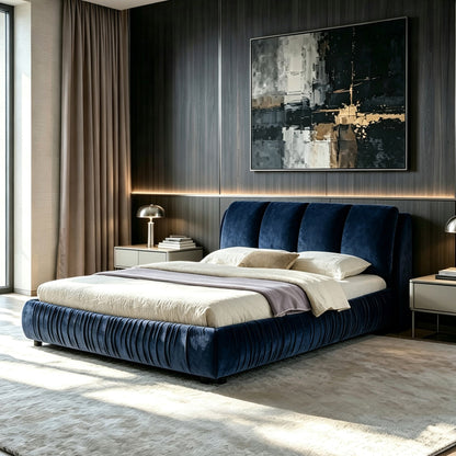 Queen Upholstered Bed Frame with Segmented Compressed Sponge Headboard - Dark Blue or Gray
