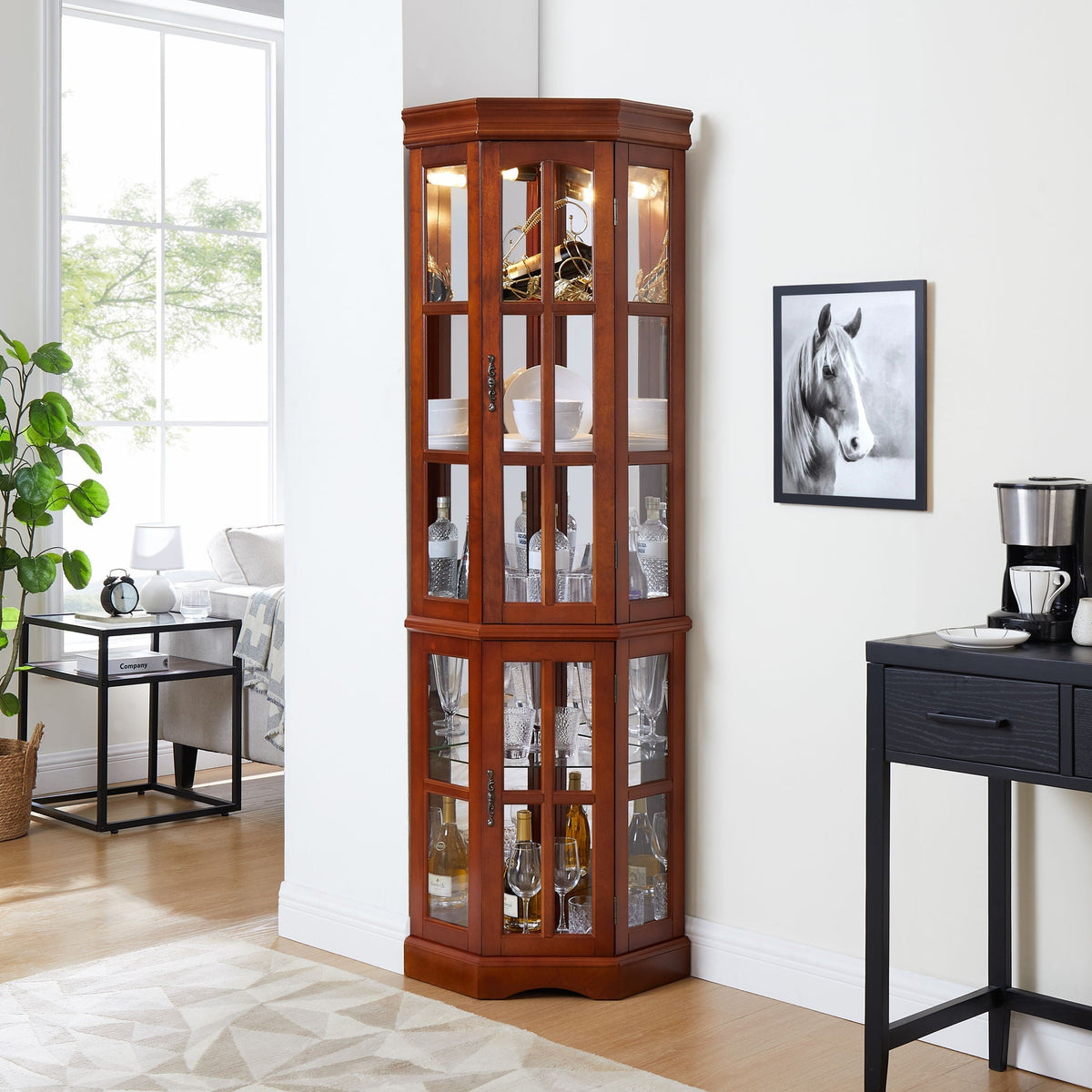 Corner Curio Cabinet with 5 Shelves and Lighting System - Dark Brown or Light Brown