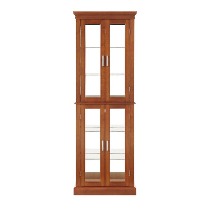 Lighted Curio Cabinet with Adjustable Shelves and Mirrored Back Panel - Dark Brown, Dark Red, Light Brown