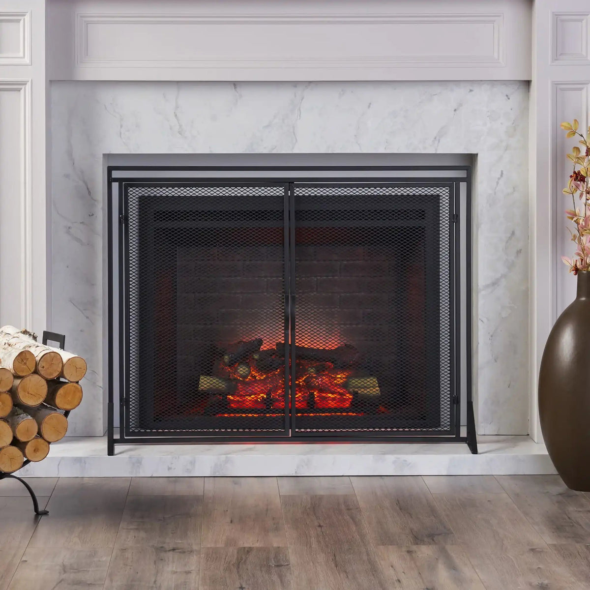Samantha Iron Fireplace Screen with 2 Access Doors - Black or Gold