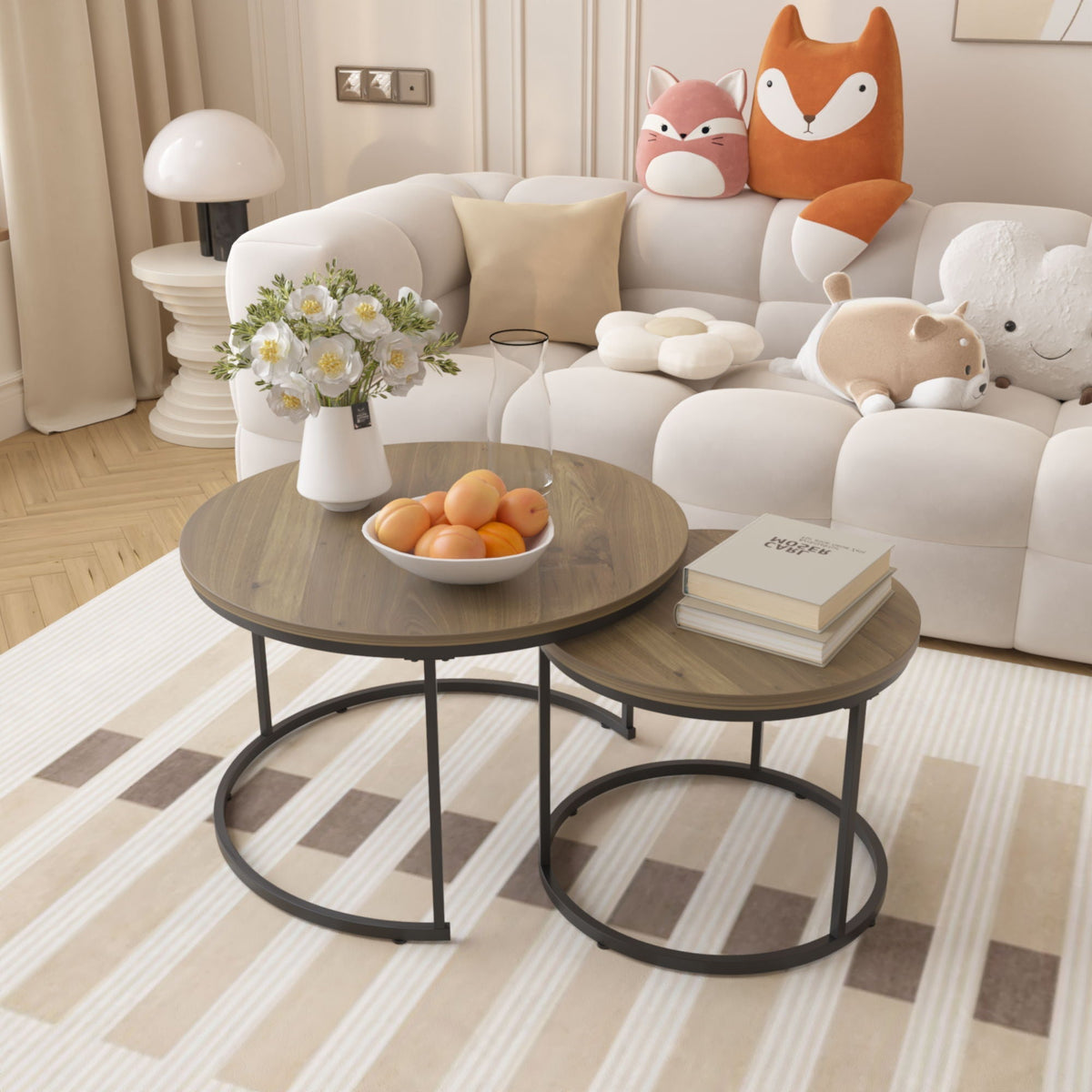 Round Nesting Coffee Table Set of 2 with Metal Base - Light Brown, White, or Black