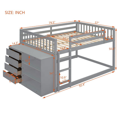 Bunk Bed With 4 Drawers and 3 Shelves - Solid Pine Wood
