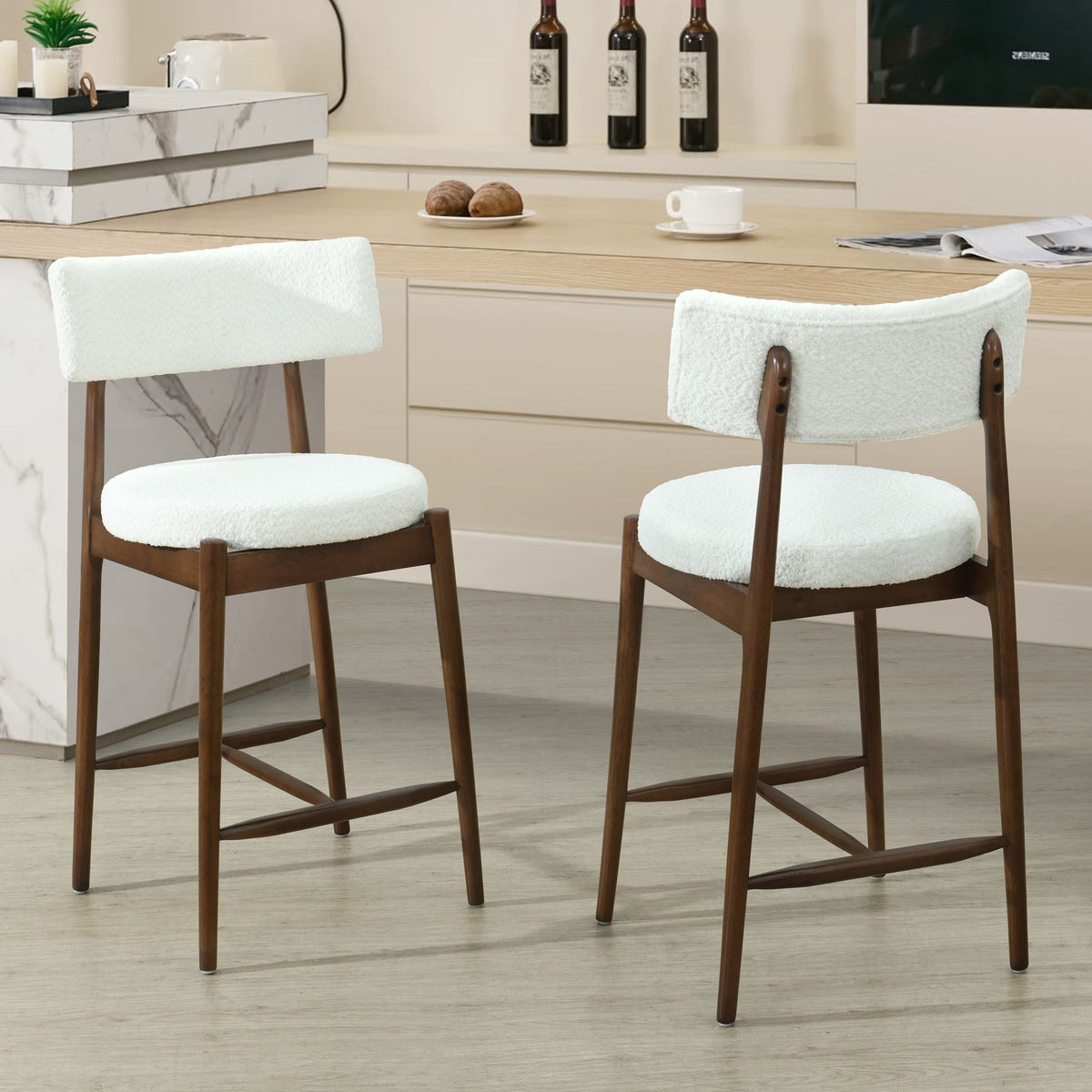 Mid Century Modern Counter Stools with Full Back - Fabric Upholstery, Set of 2