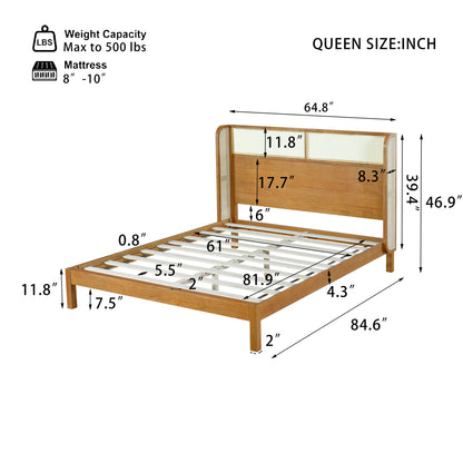 Premium Rubber Wood Platform Queen Bed Frame with Headboard - Natural