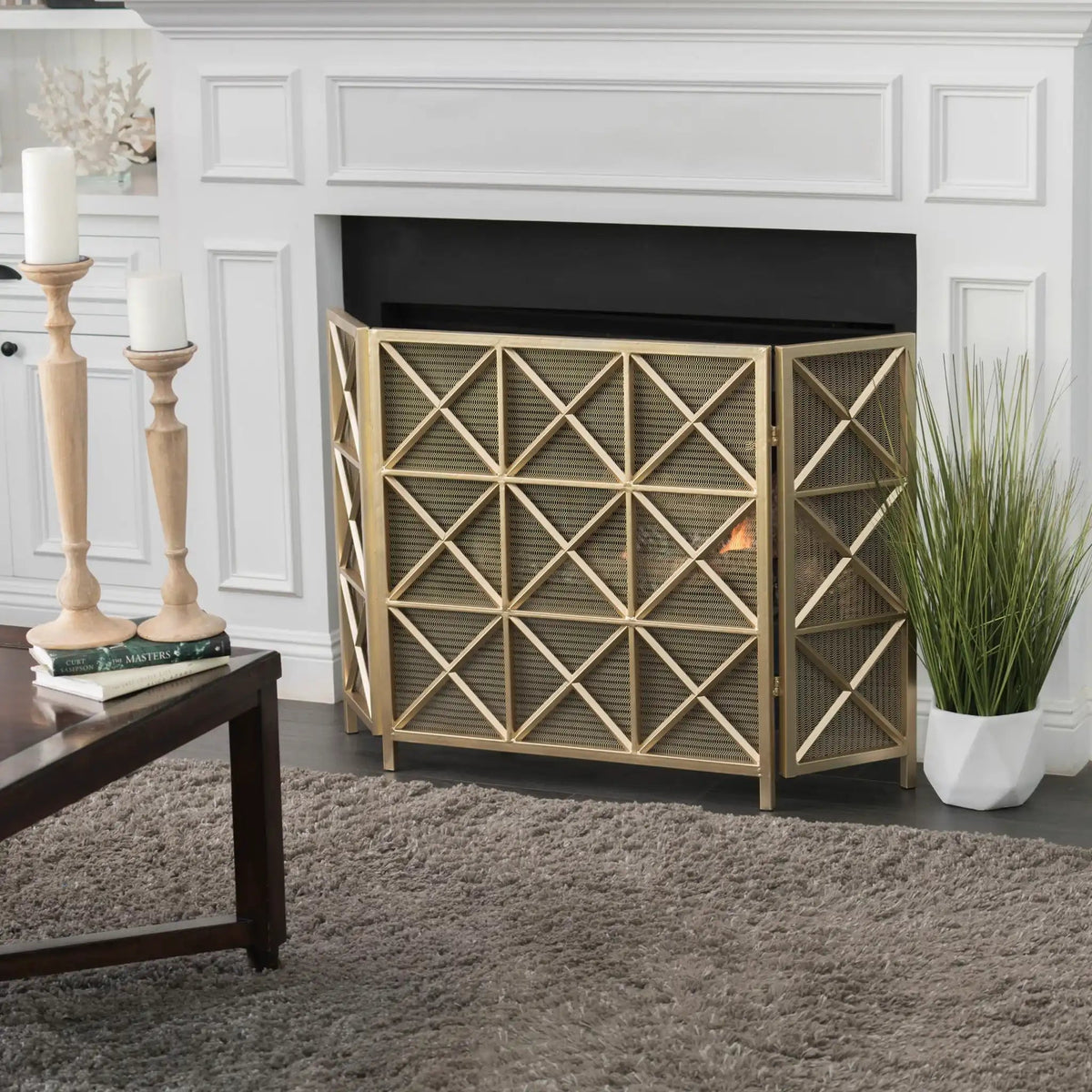 Margaret 3-Panel Iron Fireplace Screen with Adjustable Coverage - Gold