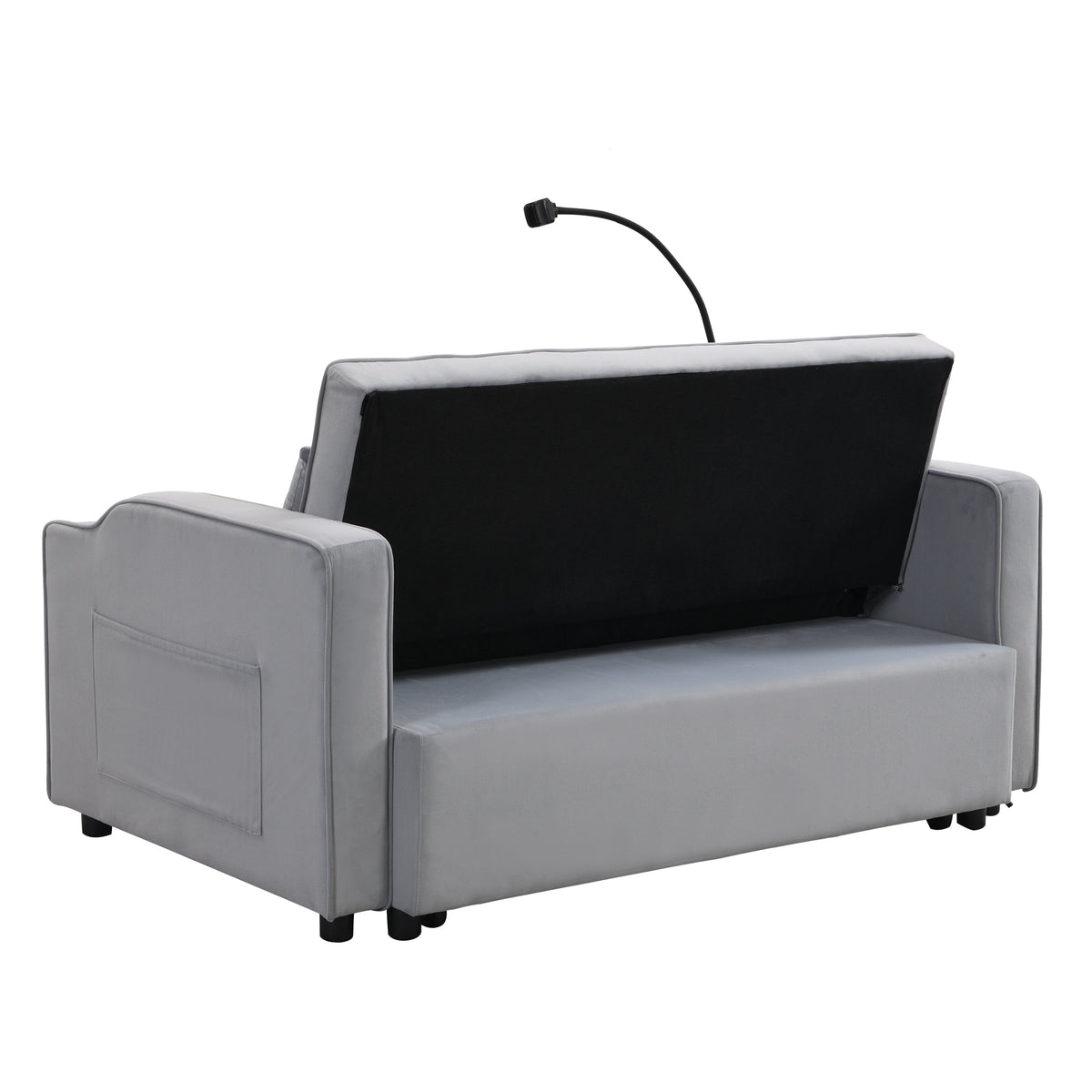 Modern Velvet Sleeper Loveseat with Pullout Bed and USB Ports - Light Gray