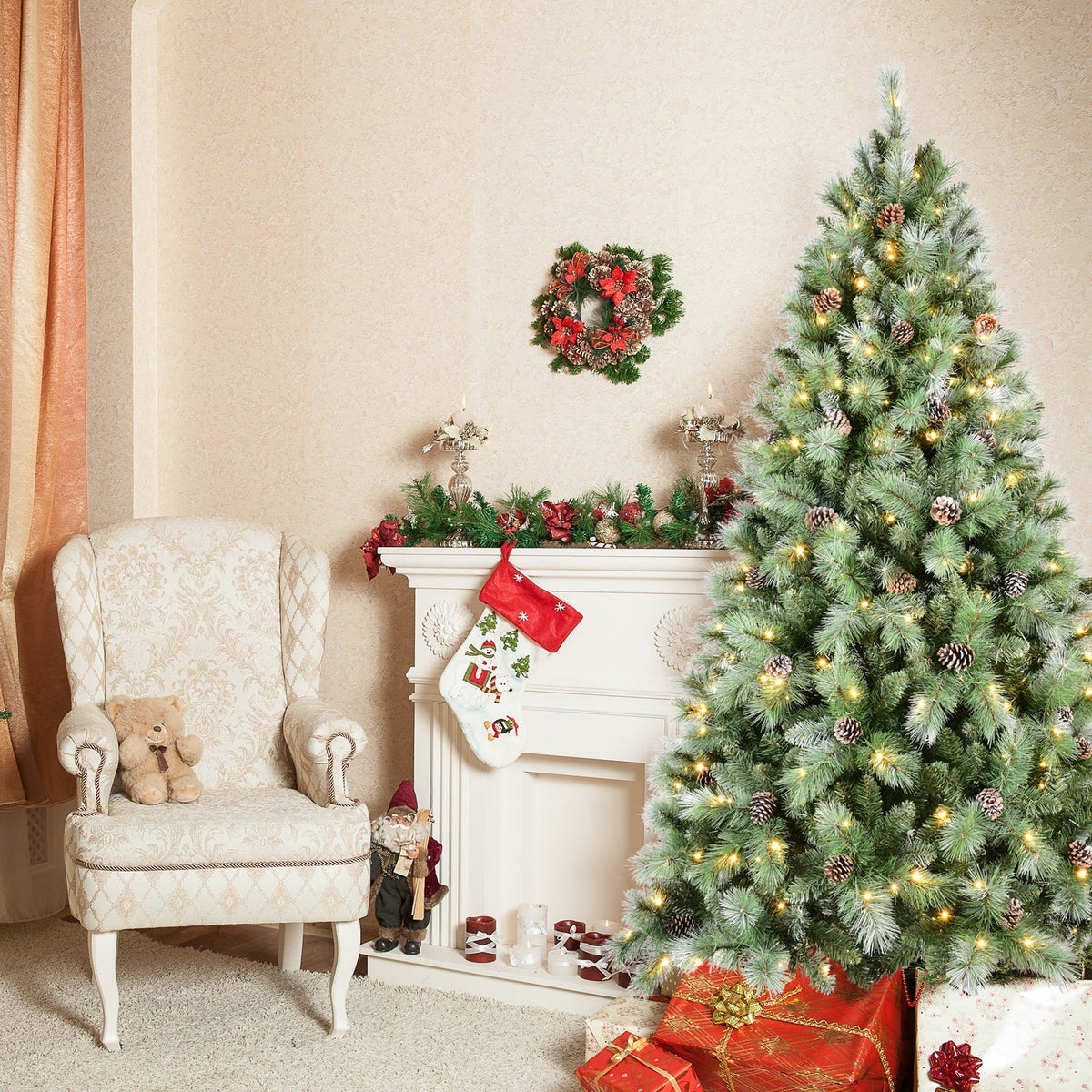 8 Ft Full-Bodied Pre-Decorated Pinecone Christmas Tree with Pine Cones - Green