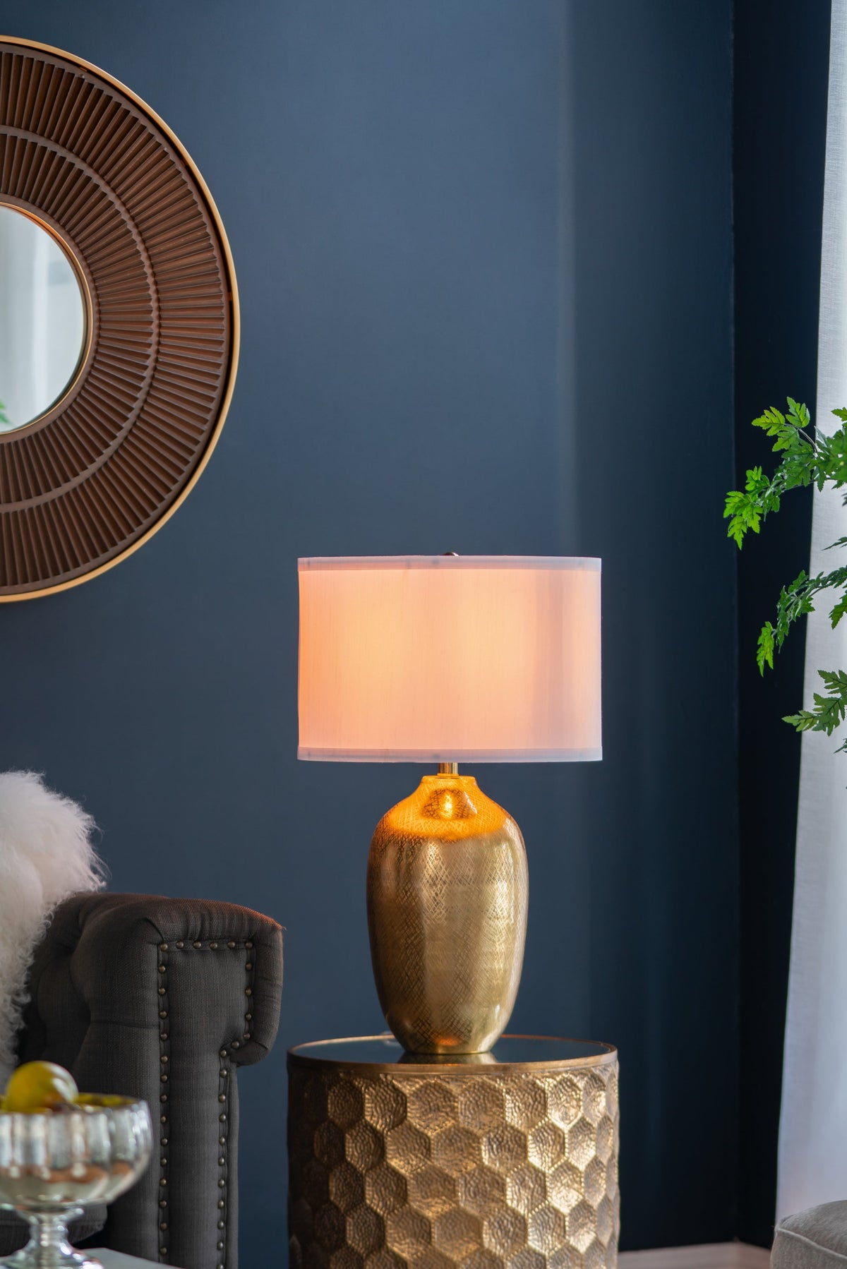 Round Aluminum Table Lamp with Fabric Shade - Gold
