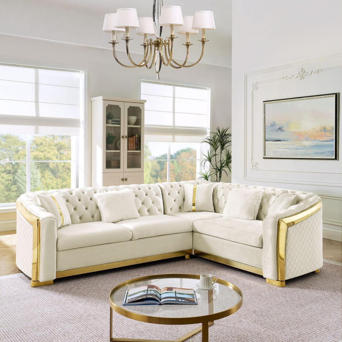 L Shaped Chesterfield Sectional Sofa with Stainless Steel Accents - Pink, Black, Beige