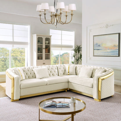 L Shaped Chesterfield Sectional Sofa with Stainless Steel Accents - Pink, Black, Beige