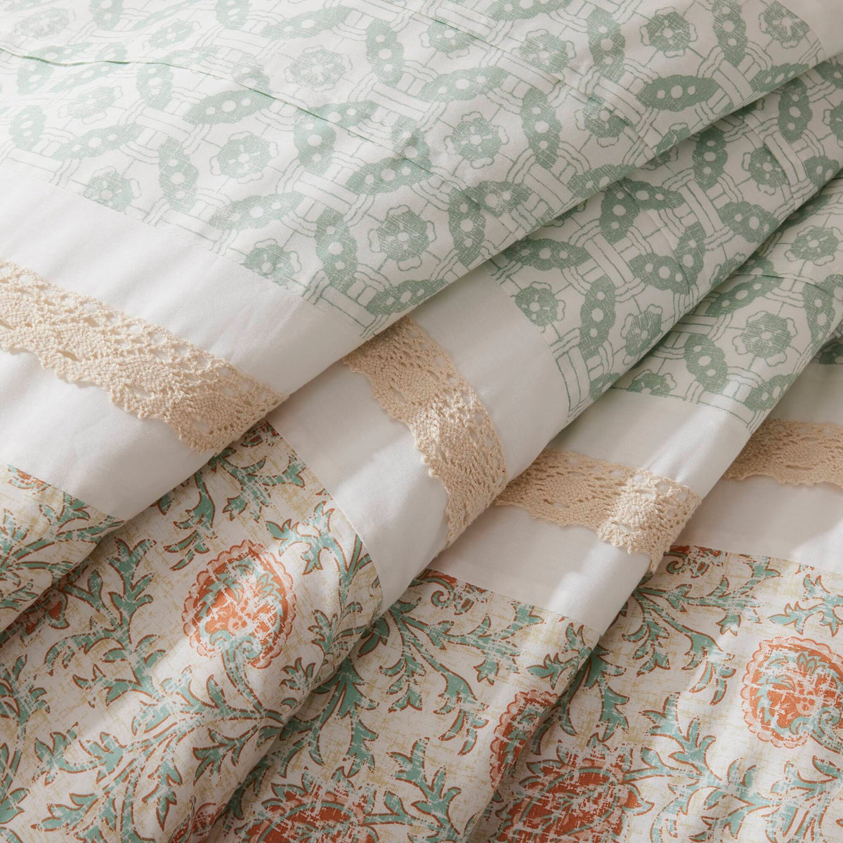 Coral Cotton Percale Comforter Set with Pintucking and Lace Taping - Queen