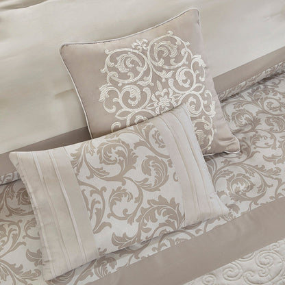 Embroidered 8 Piece Comforter Set with Hypoallergenic Fill - Neutral Queen