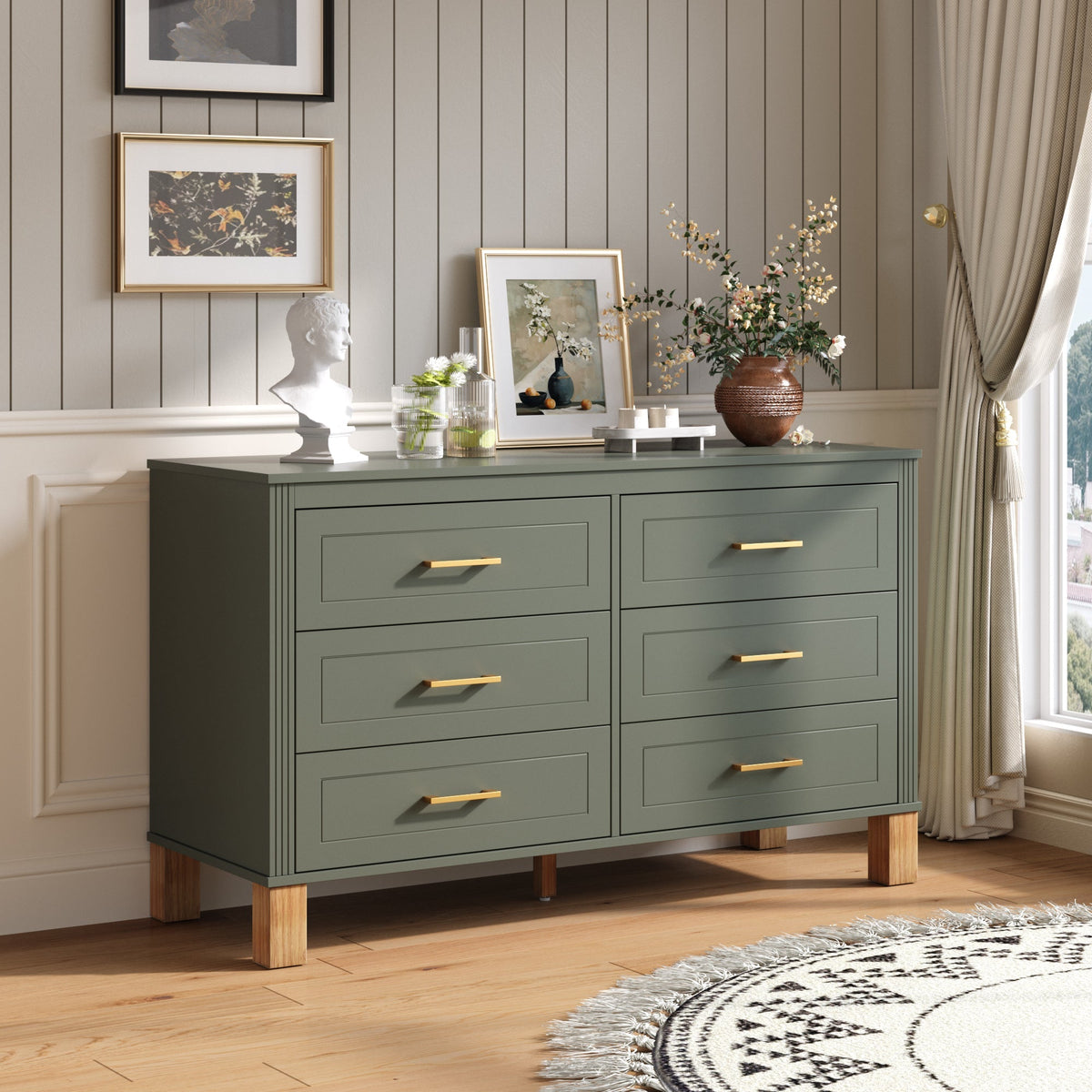 6-Drawer Double Dresser with Solid Wood Legs - Olive