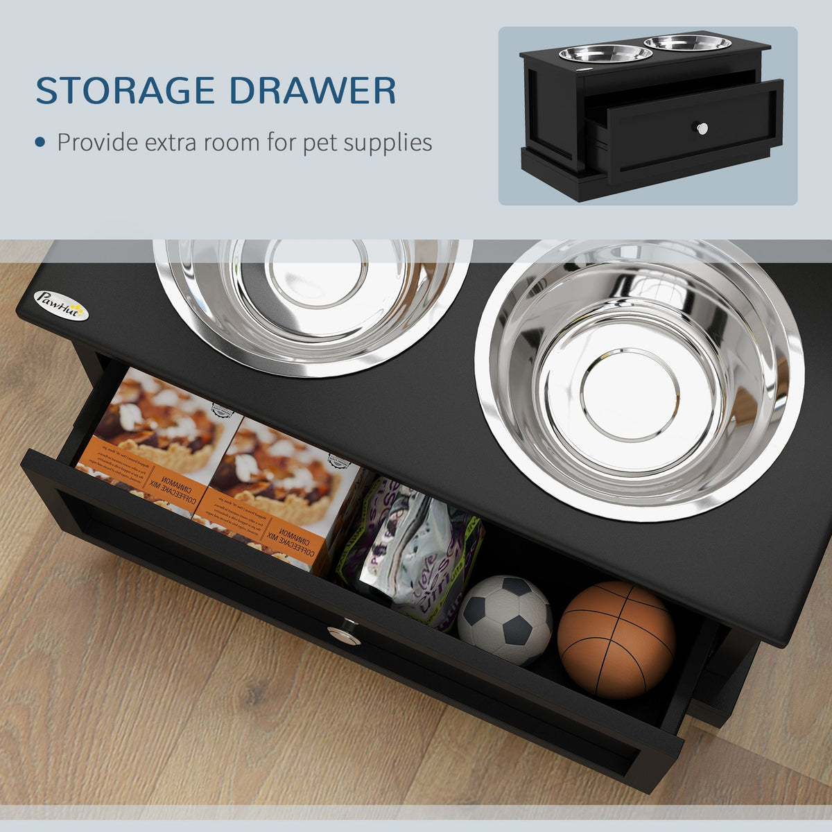 PawHut Large Elevated Dog Bowls with Storage Drawer