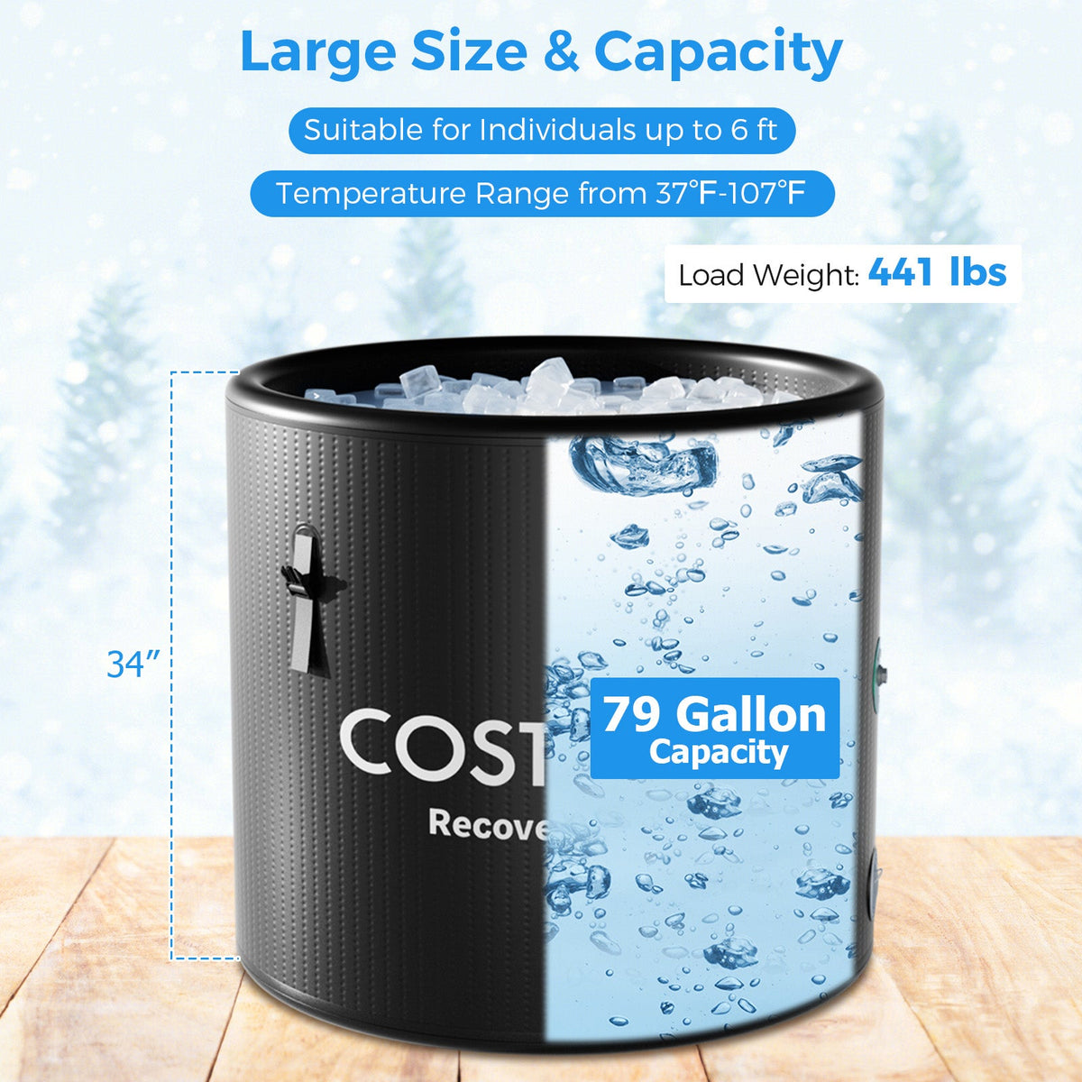 79 Gal Water Chiller Compatible Cold Plunge Tub with Cover-Black