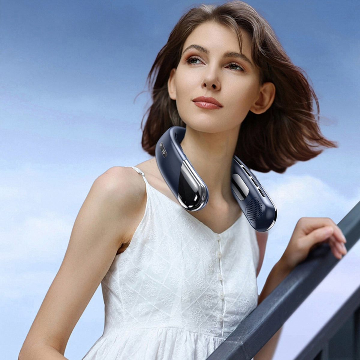 Portable Neck Cooling Fan With Type-C Charging Battery Hands-Free Bladeless Personal Fan 5 Speeds Digital Display Adjustable Neck Width for Man Woman