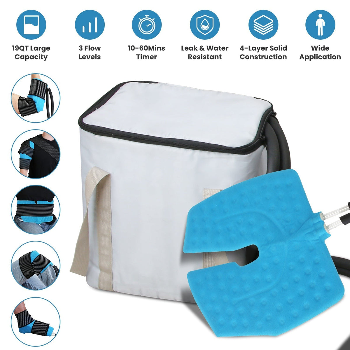 19QT Portable Cold Therapy Machine Programmable Ice Therapy Machine Cold Rush Therapy Machine System with 3 Flow Levels 10-60Mins Timer 3 Elastic Band