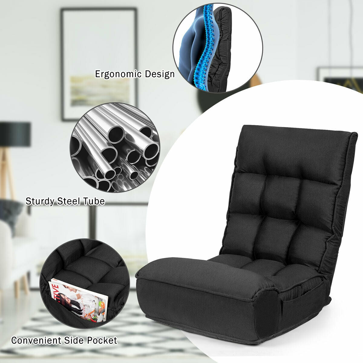 4-Position Adjustable Floor Chair Folding Lazy Sofa