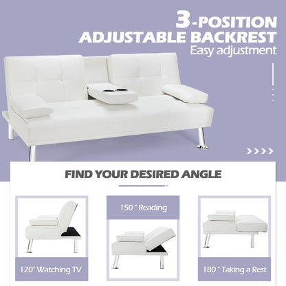 Convertible Folding Leather Futon Sofa with Cup Holders and Armrests