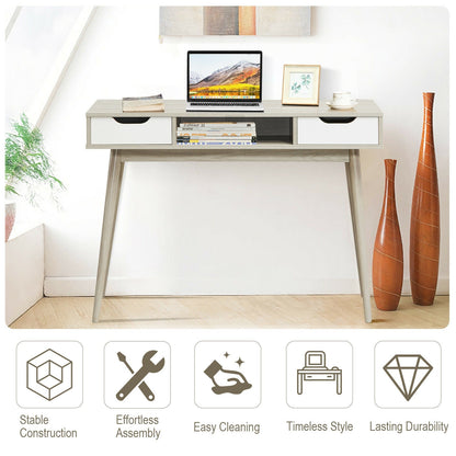 Stylish Computer Desk Workstation with 2 Drawers and Solid Wood Legs