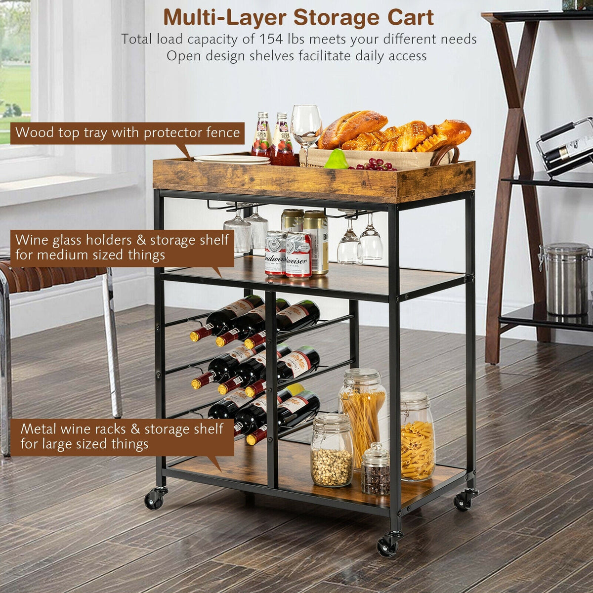 3-Tier Wood Rolling Kitchen Serving Cart with 9 Wine Bottles Rack Metal Frame-Rustic Brown