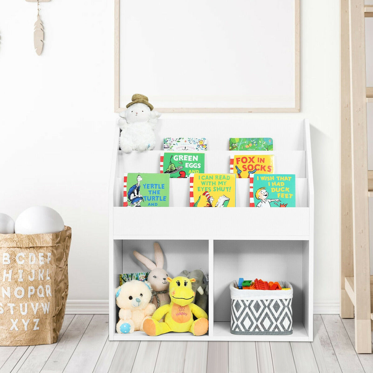 Kids Wooden Bookshelf Bookcase Children Toy Storage Cabinet Organizer-White